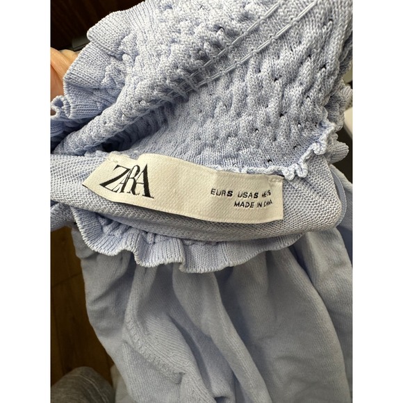 Zara Light Blue High Neck Balloon Sleeve Knit Top Womens Smocked Pullover size S - Picture 9 of 10